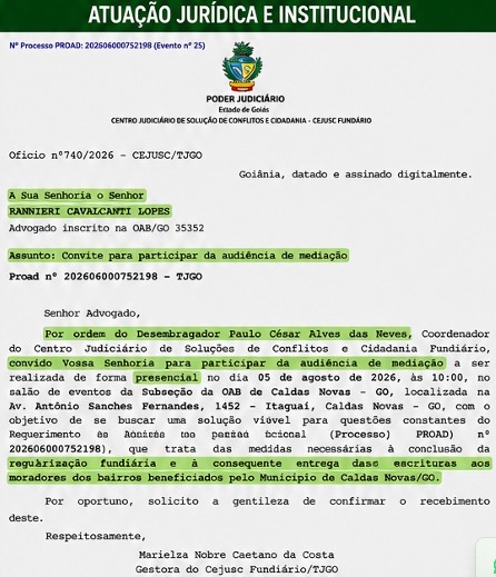 Convite para audiência de mediação sobre regularização fundiária em Caldas Novas